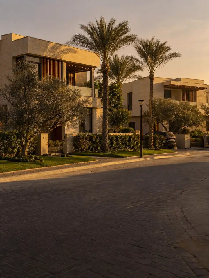 Villas and palms on a compound street in Cairo at sunset