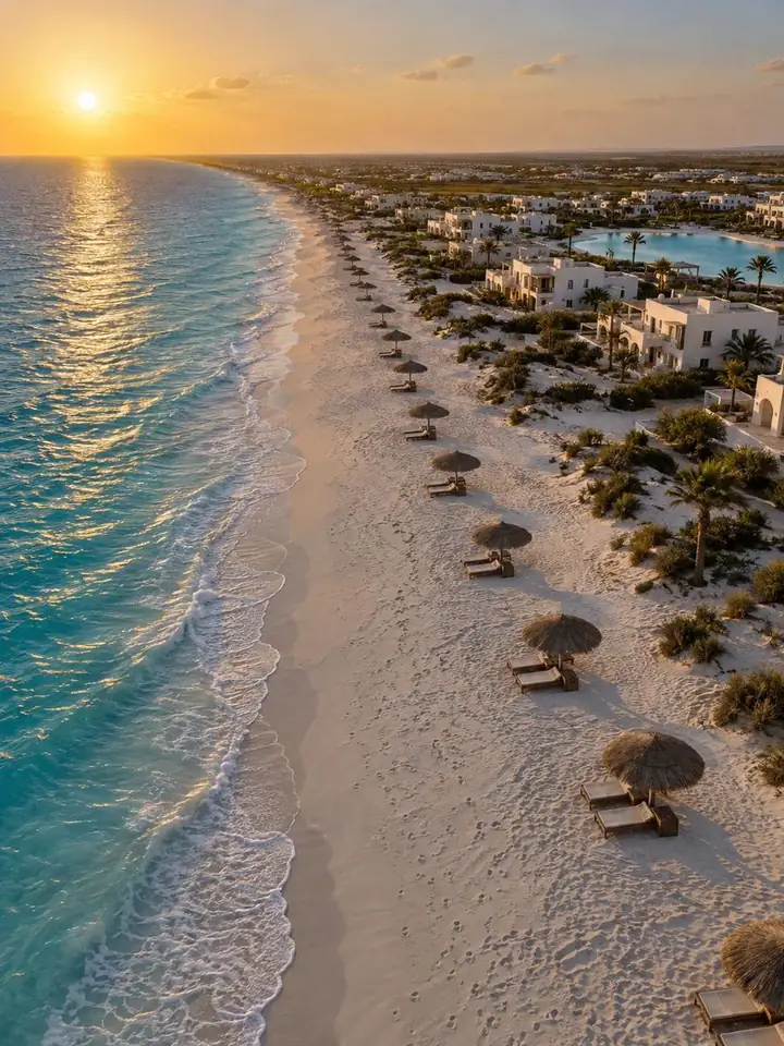 White-sand beach and chalets on Egypt's North Coast from above