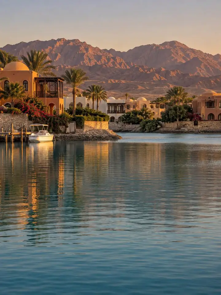 Domed villas on a lagoon with the Red Sea mountains behind